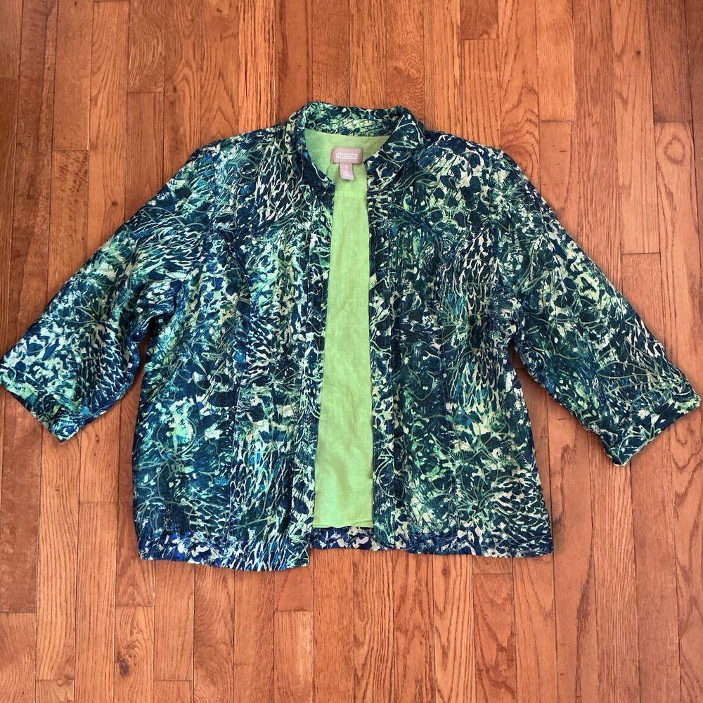 Chicos Travelers Cardigan Sweater‎ Womens 3 Blue Green Wild Animal Slinky